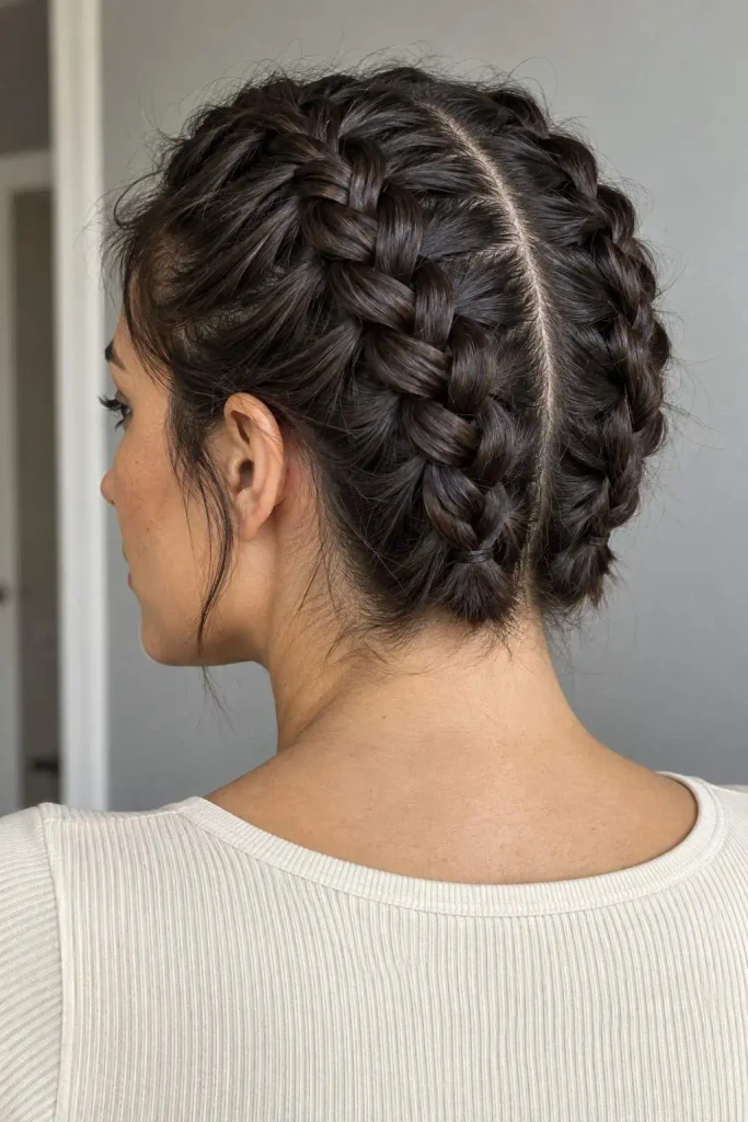 Double Dutch braids on short hair