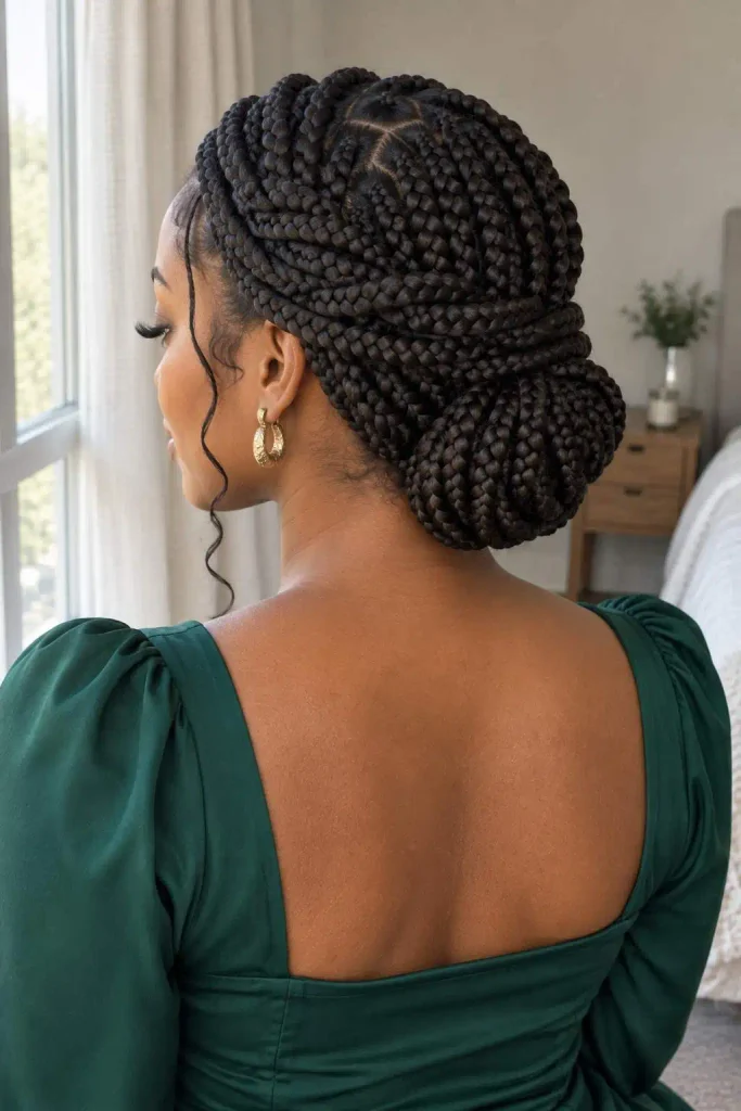 Formal box braid crown updo