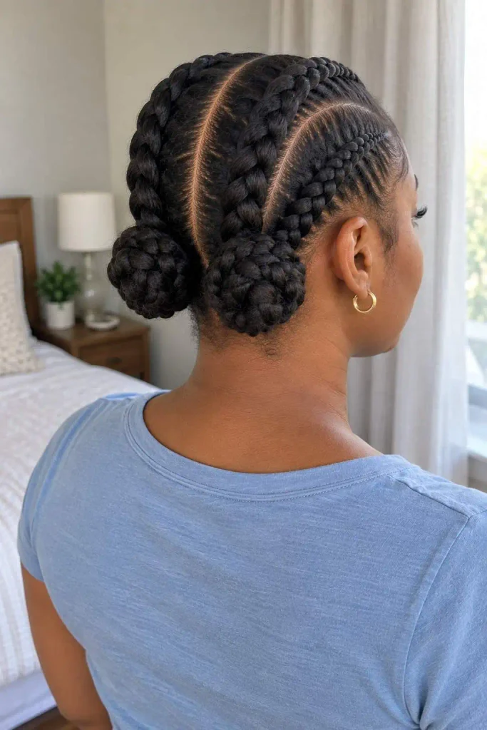 Four cornrows into two buns