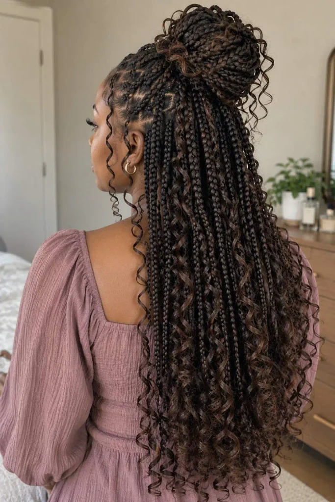 Goddess box braids half-up bun