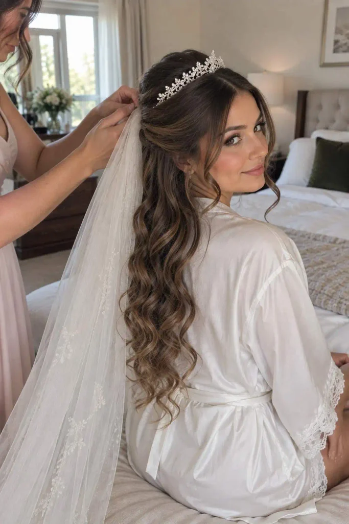 Half-Up Curls With Tiara And Veil