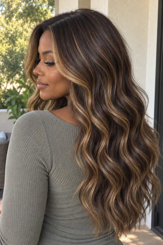 Honey Highlights on Brunette Waves