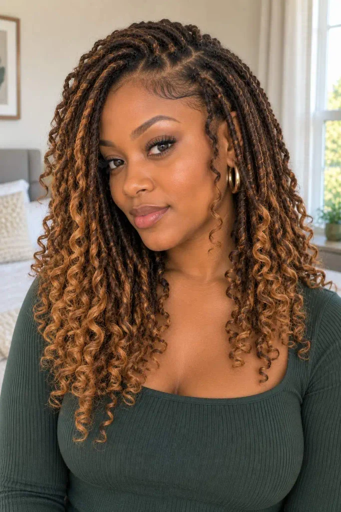 Honey-brown curly loc hairstyle