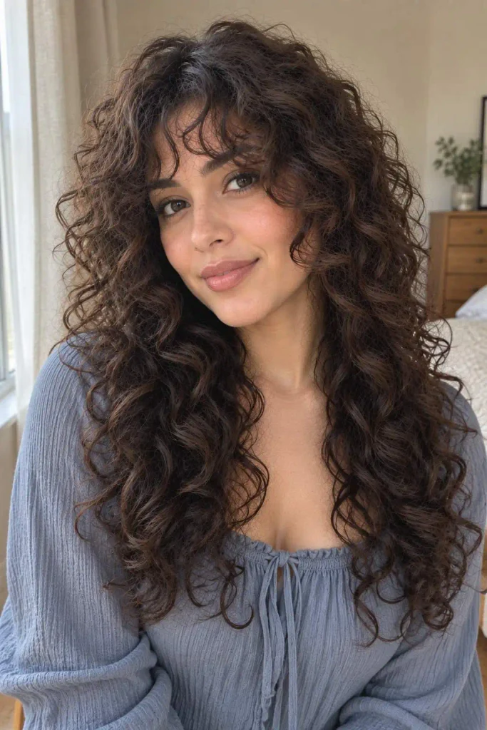 Layered curly bangs with face framing