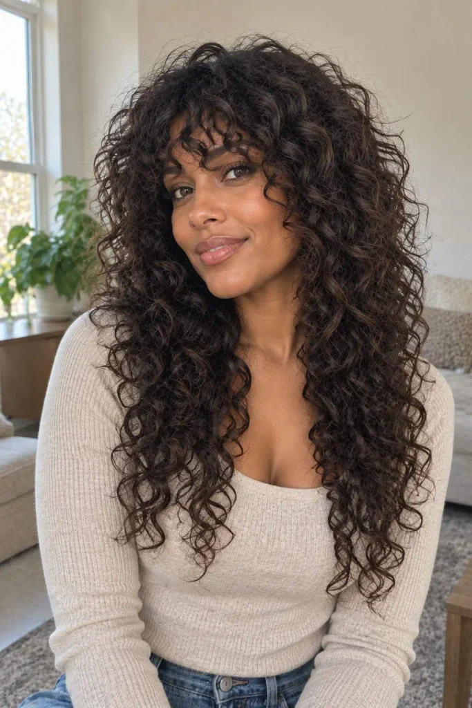 Long Curly Shag With Bangs