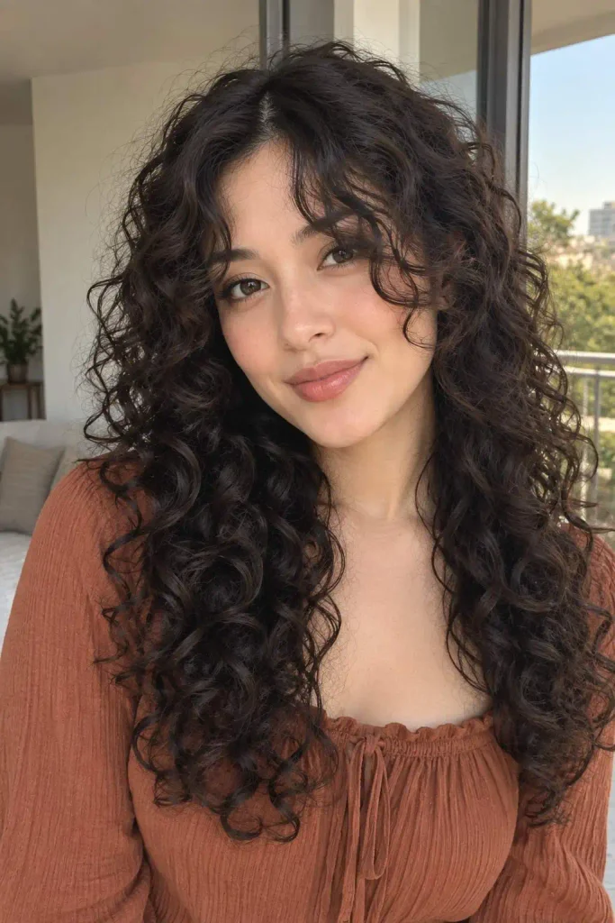 Long center-parted curly bangs