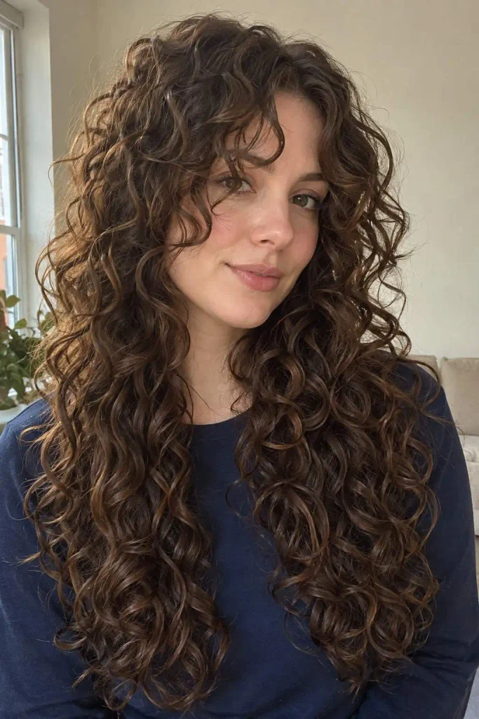 Long curly curtain bangs