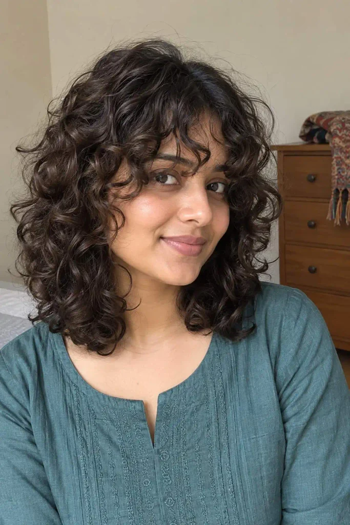 Long curly fringe with shoulder-length hair