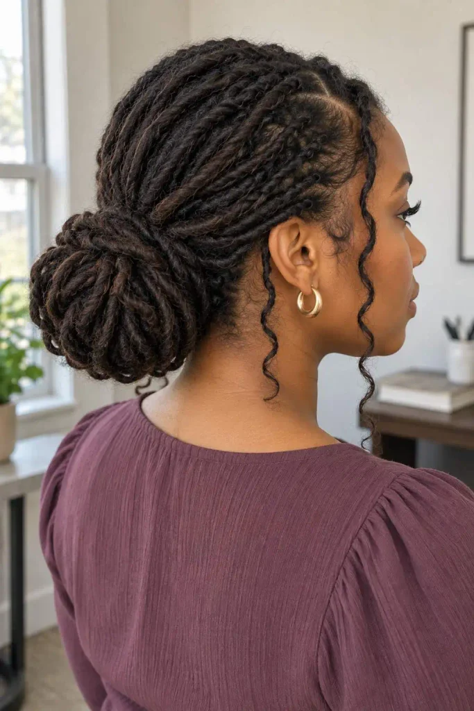 Low loc bun with tendrils