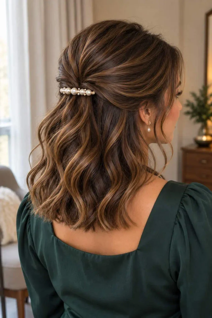 Pearl half-up waves for medium hair