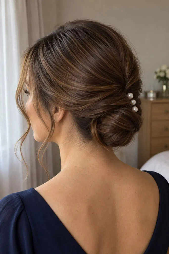 Pearl-pinned low holiday chignon