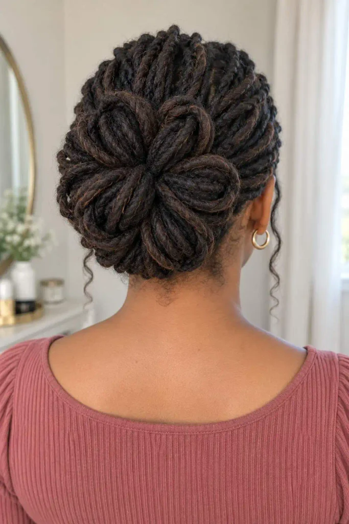 Petal bun loc updo