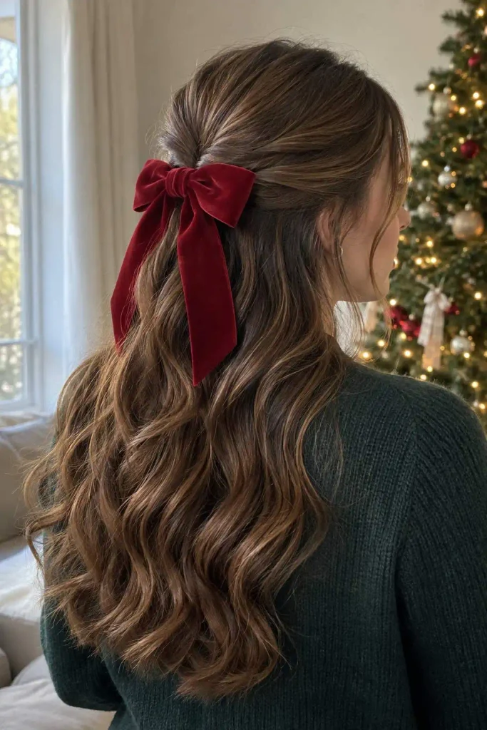 Red Bow Half-Up Waves