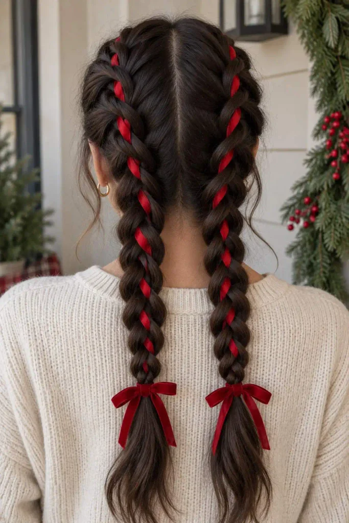 Red Ribbon Double Braids