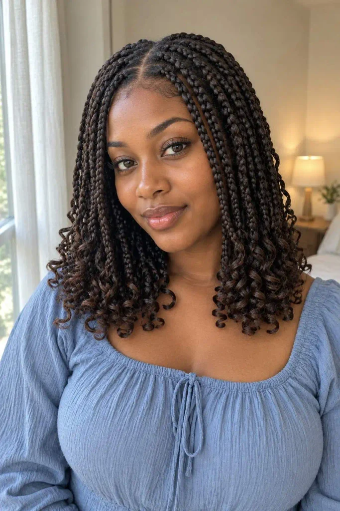 Shoulder-length box braids with curls
