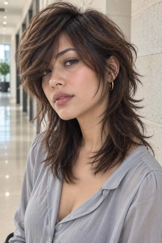 Side Swept Feminine Mullet Shag