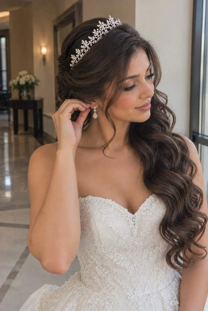 Side-Swept Tiara Waves For Strapless Gown