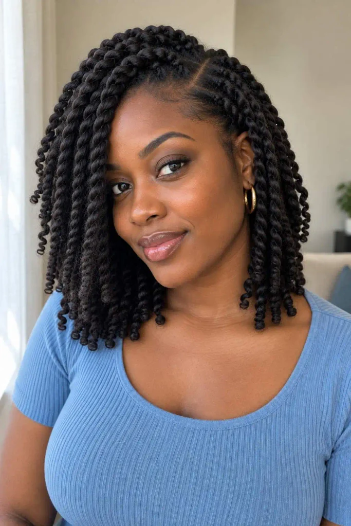 Side part two strand twists