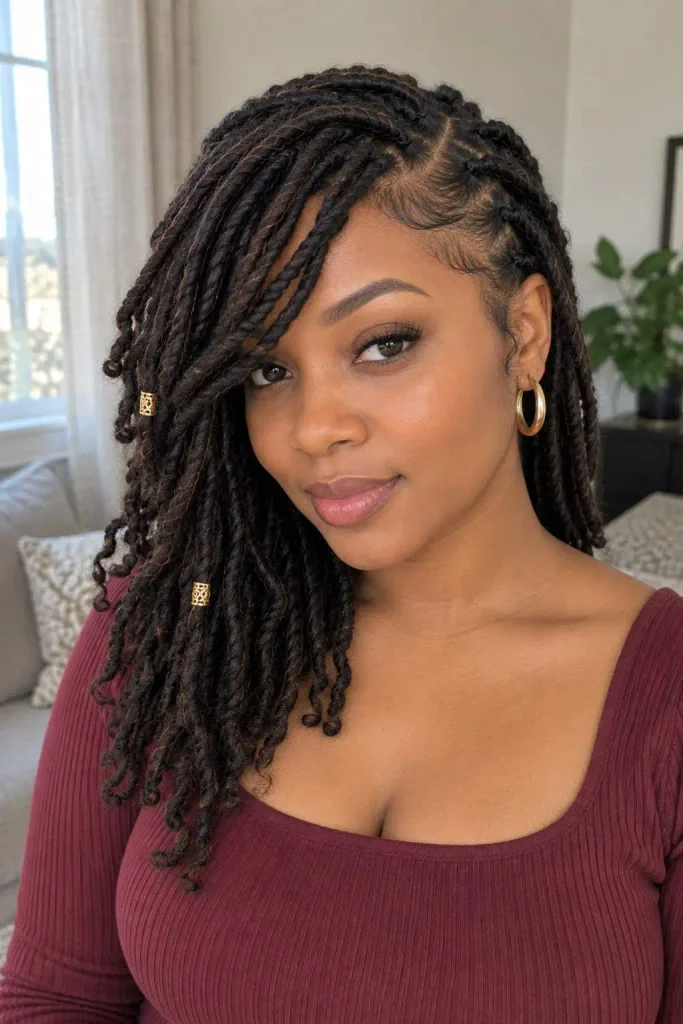 Side-swept locs with bangs