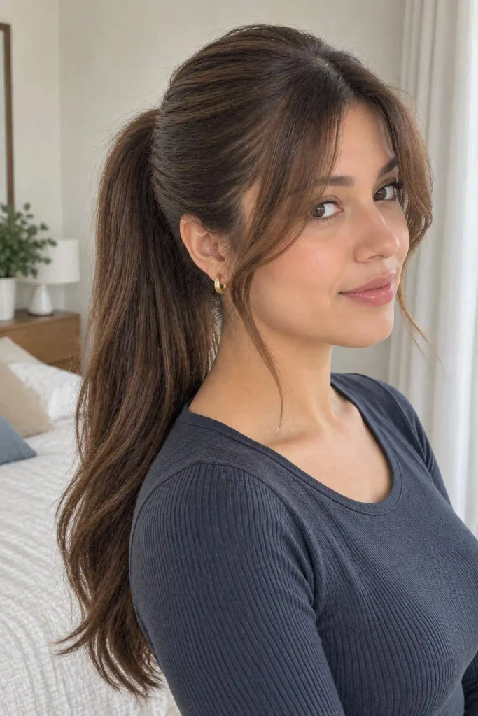 Sleek Ponytail With Curtain Bangs