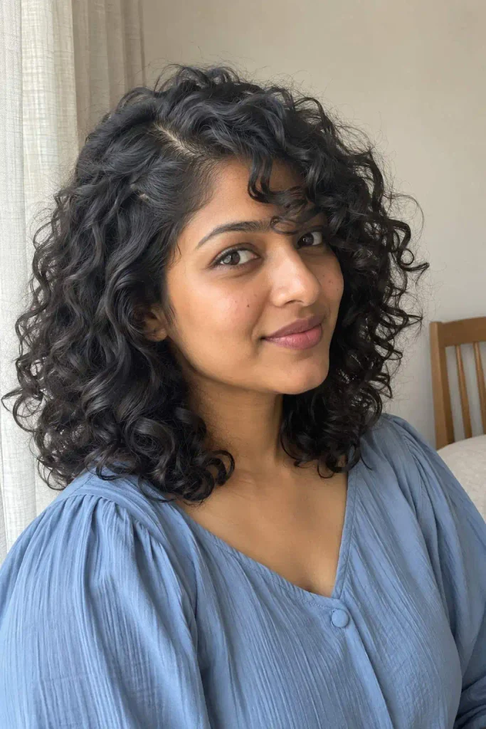 Soft side-swept curly bangs