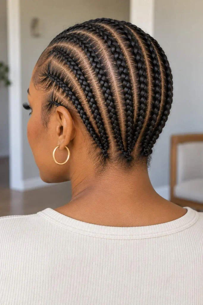 Straight-back cornrows on short hair