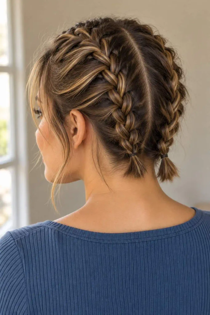 Two French braids on short hair