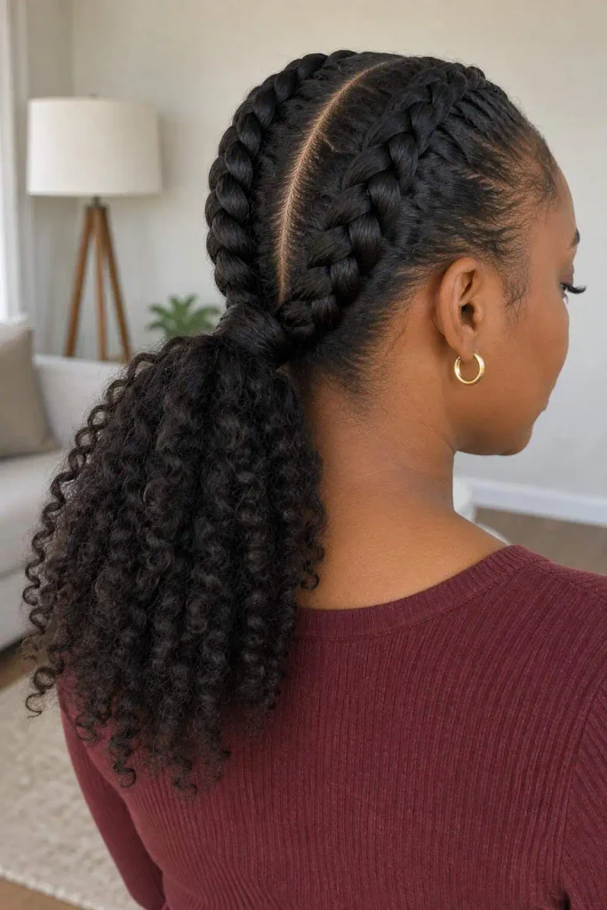 Two cornrows into a ponytail