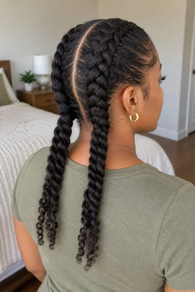 Two cornrows into twisted ends