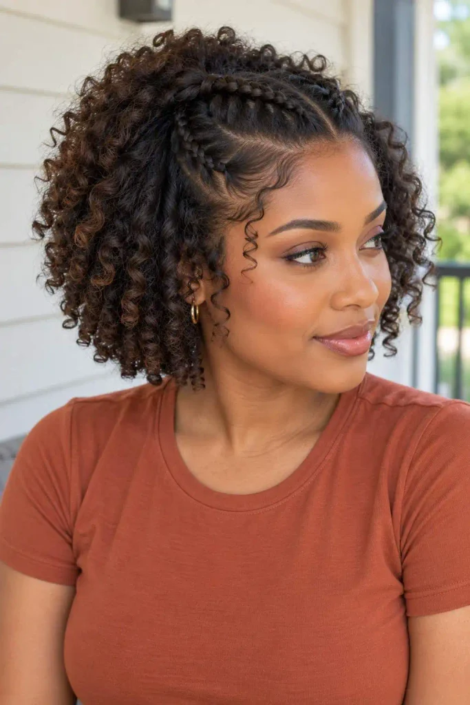 Two half-up braids on curls