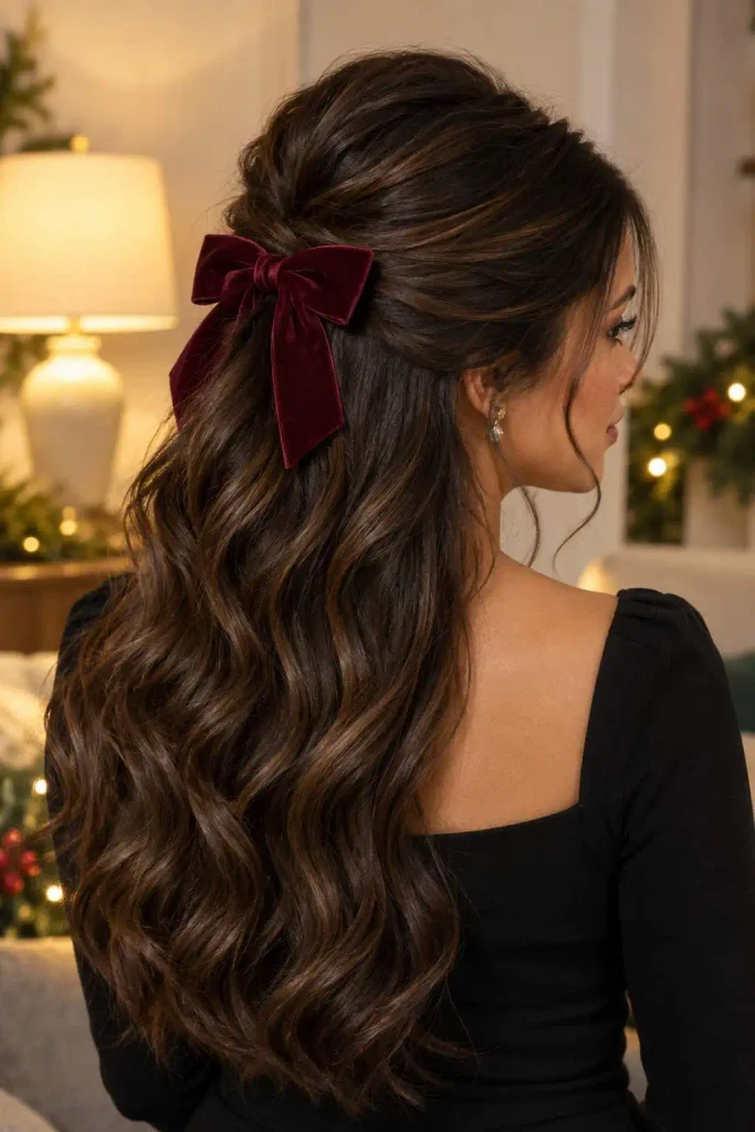 Velvet bow half-up waves