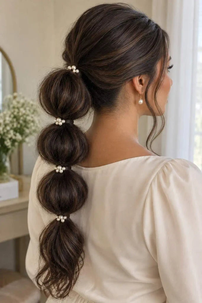 Wedding bubble ponytail with pearls
