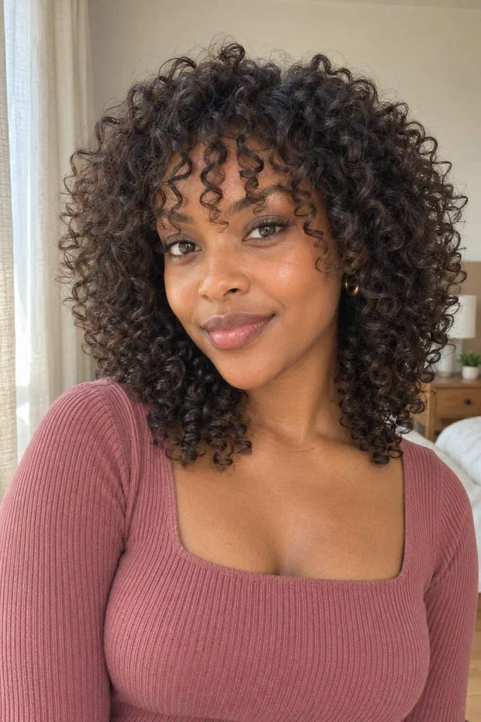 Wispy curly bangs with layers