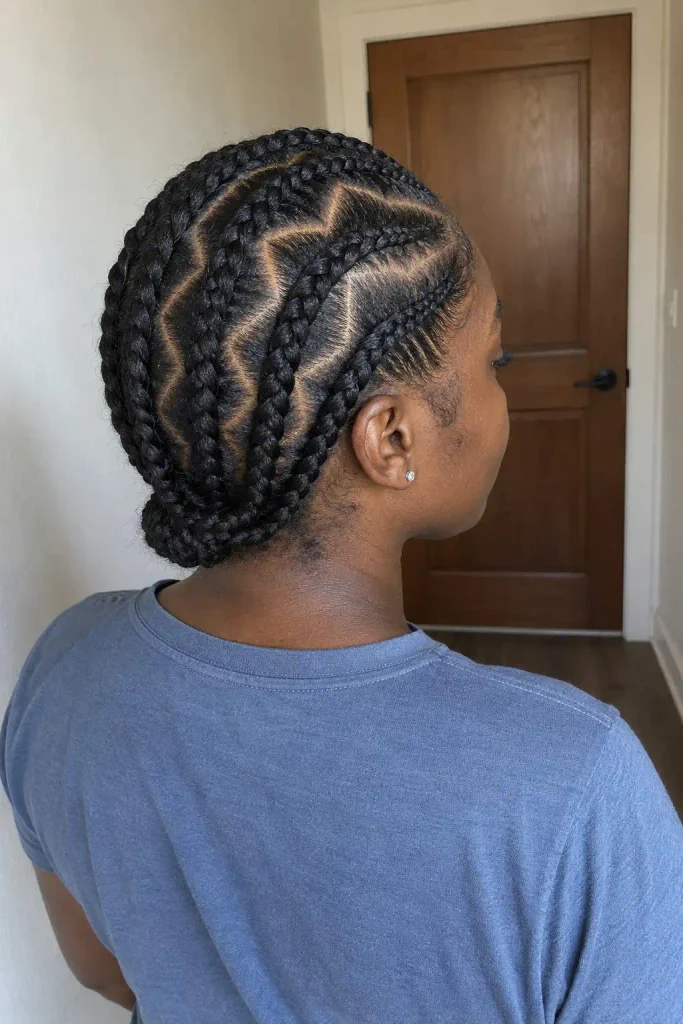Zigzag-part cornrows on natural hair