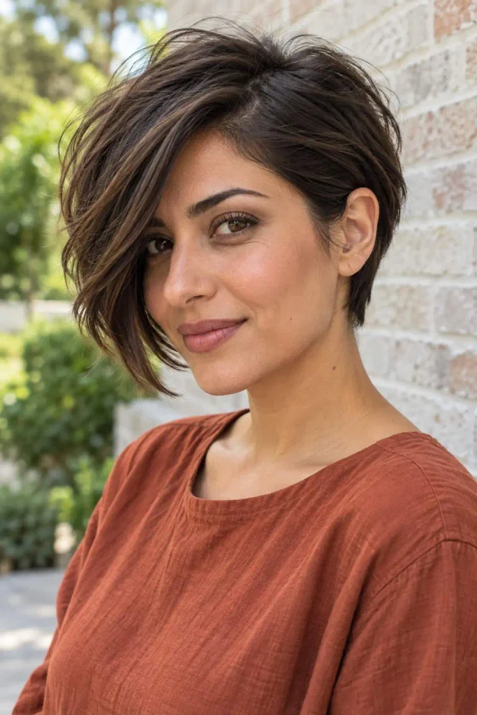 Asymmetrical pixie with long fringe