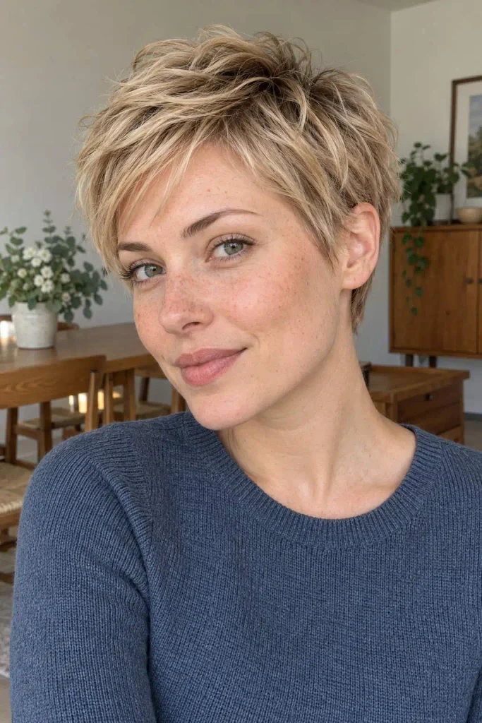 Beige Blonde Pixie With Textured Crown