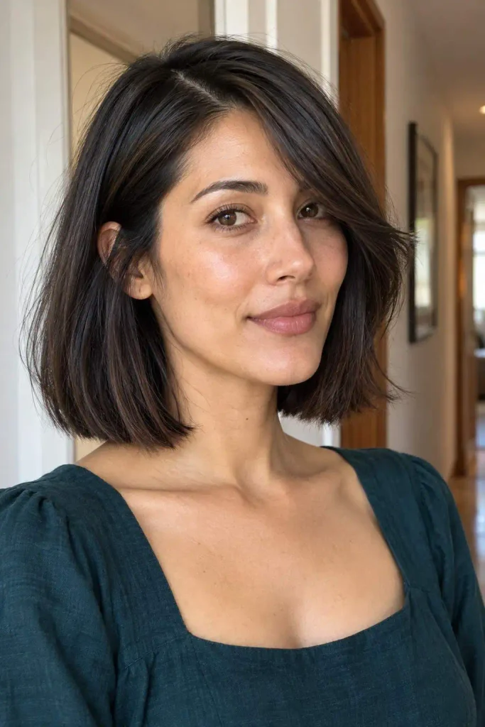 Blunt Lob With Side-Swept Fringe