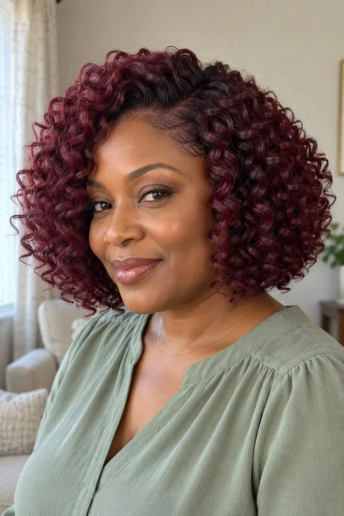 Burgundy short curly crochet bob