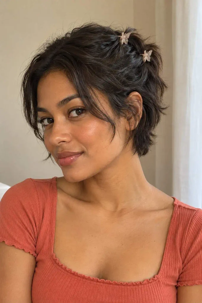 Butterfly clip half-up pixie