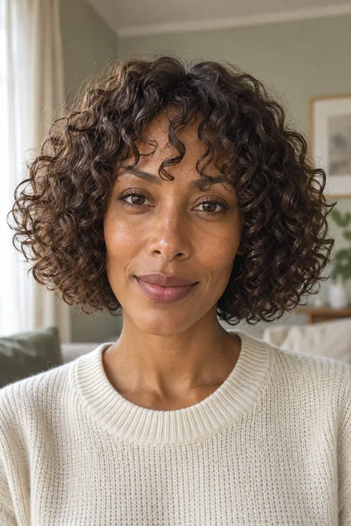 Curly Bob With Light Brow Bangs