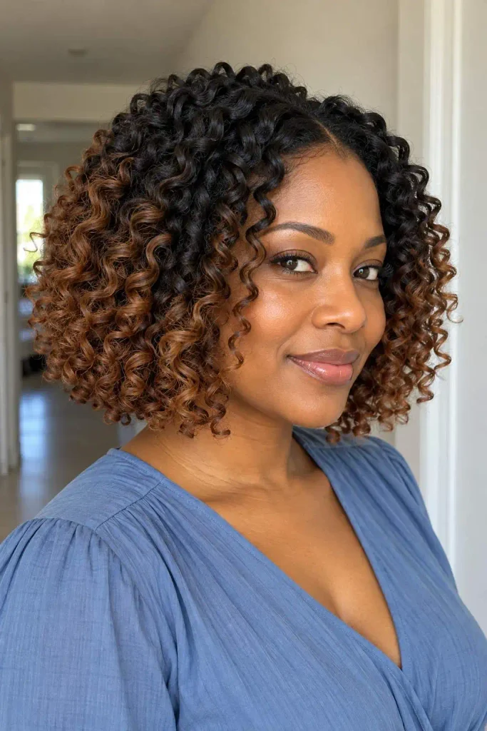 Dark-root ombre crochet curly bob
