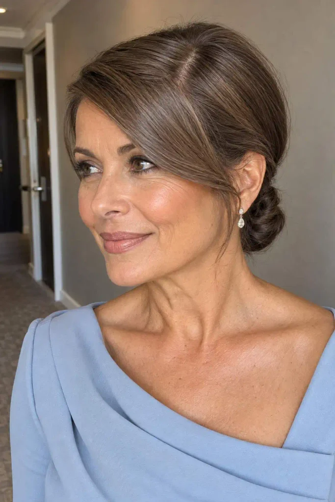 Deep Side Part Low Knotted Updo