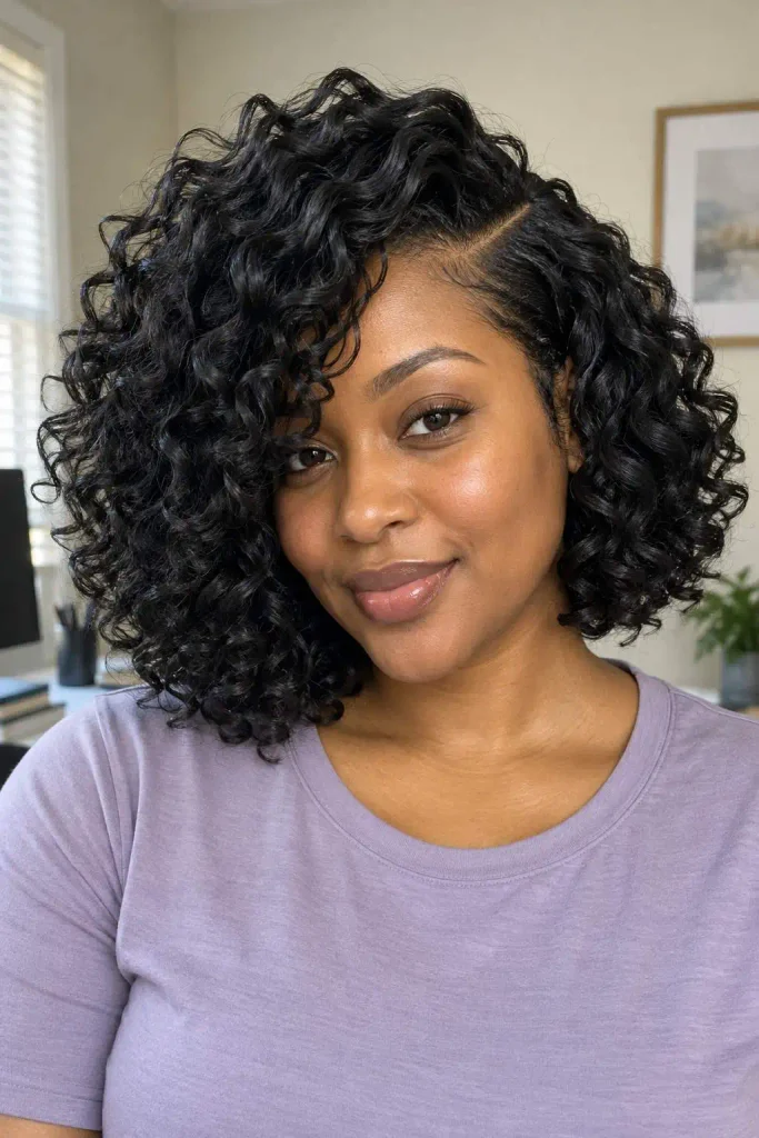 Deep side-part crochet curly bob