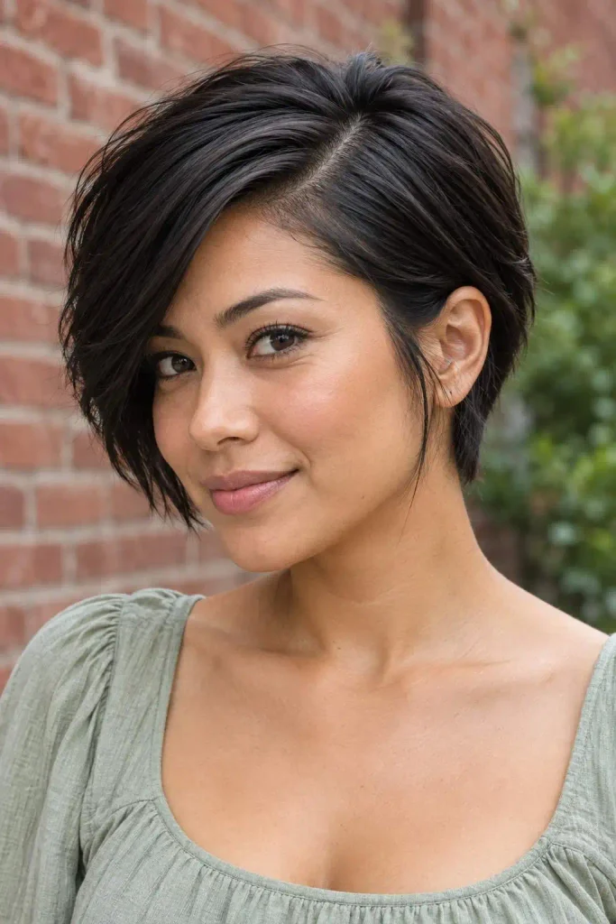 Deep side-part grown-out pixie