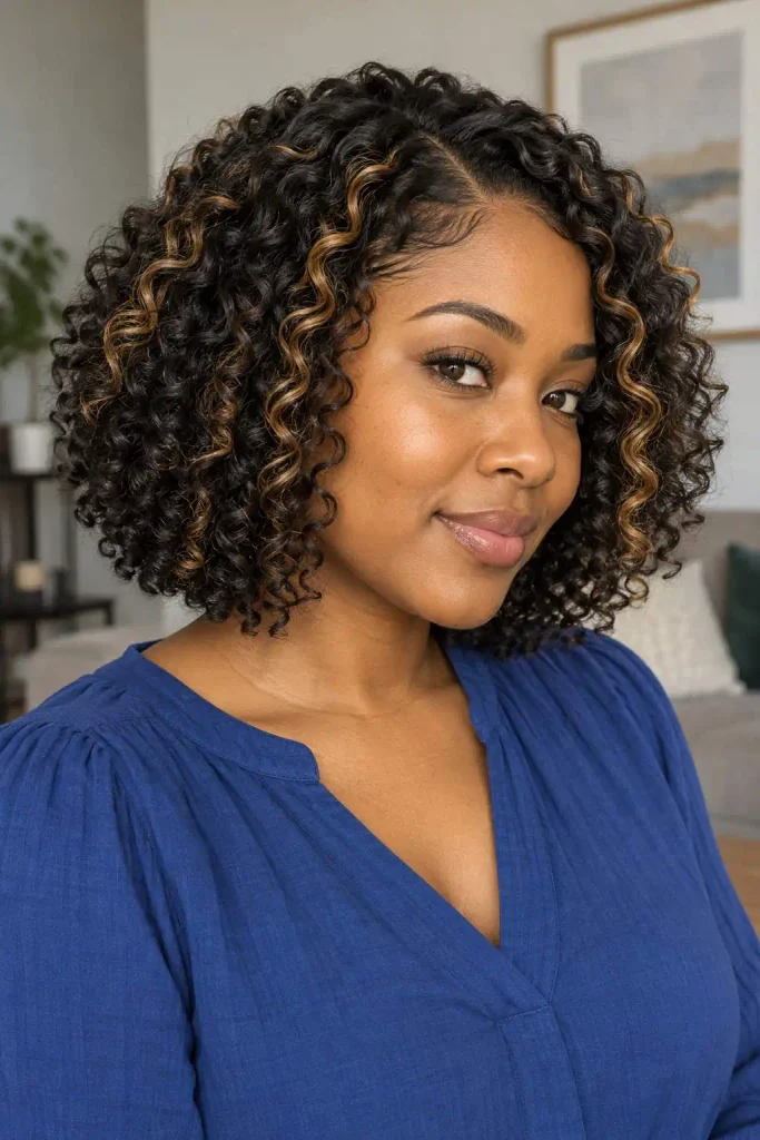 Honey-brown highlighted crochet curly bob
