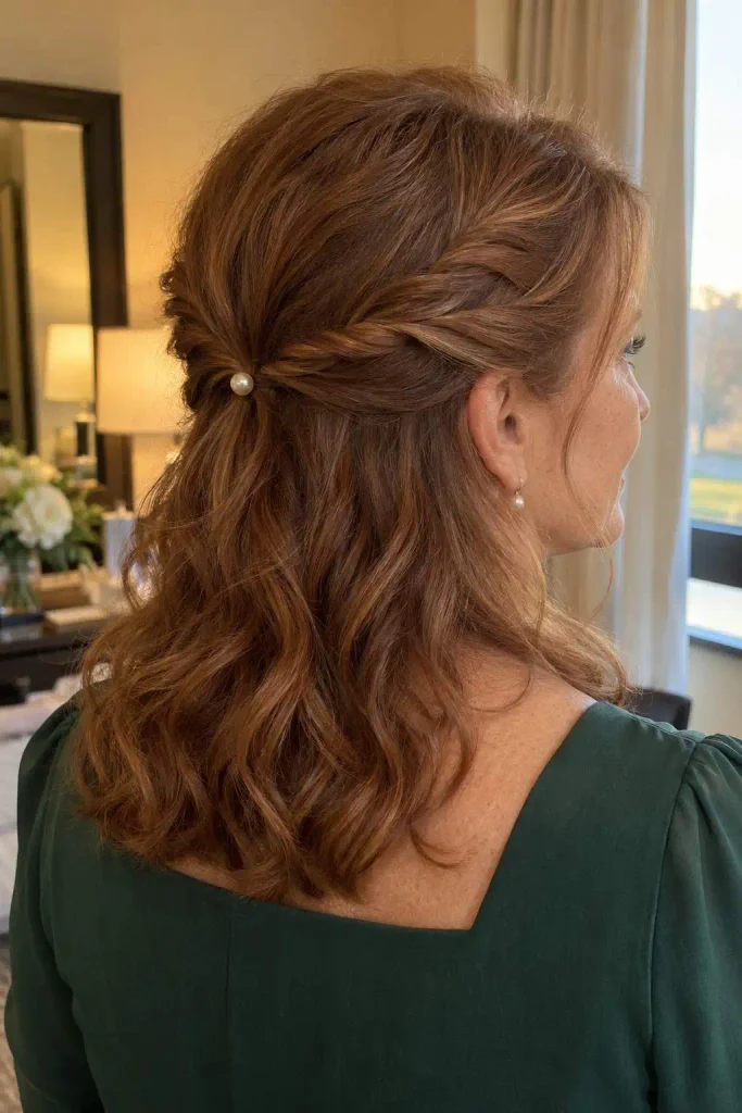 Pearl Pinned Twisted Half Up Waves