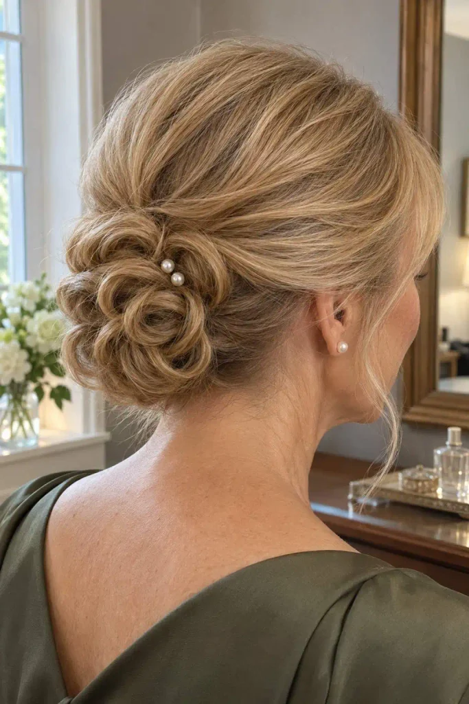 Pinned Curl Bun With Pearl Accents