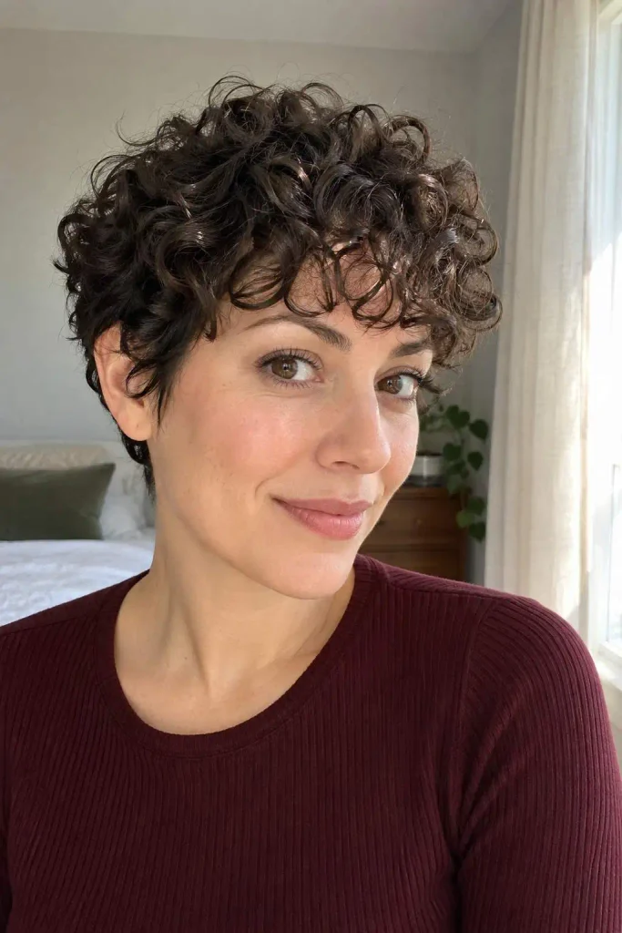 Short curly pixie with bangs