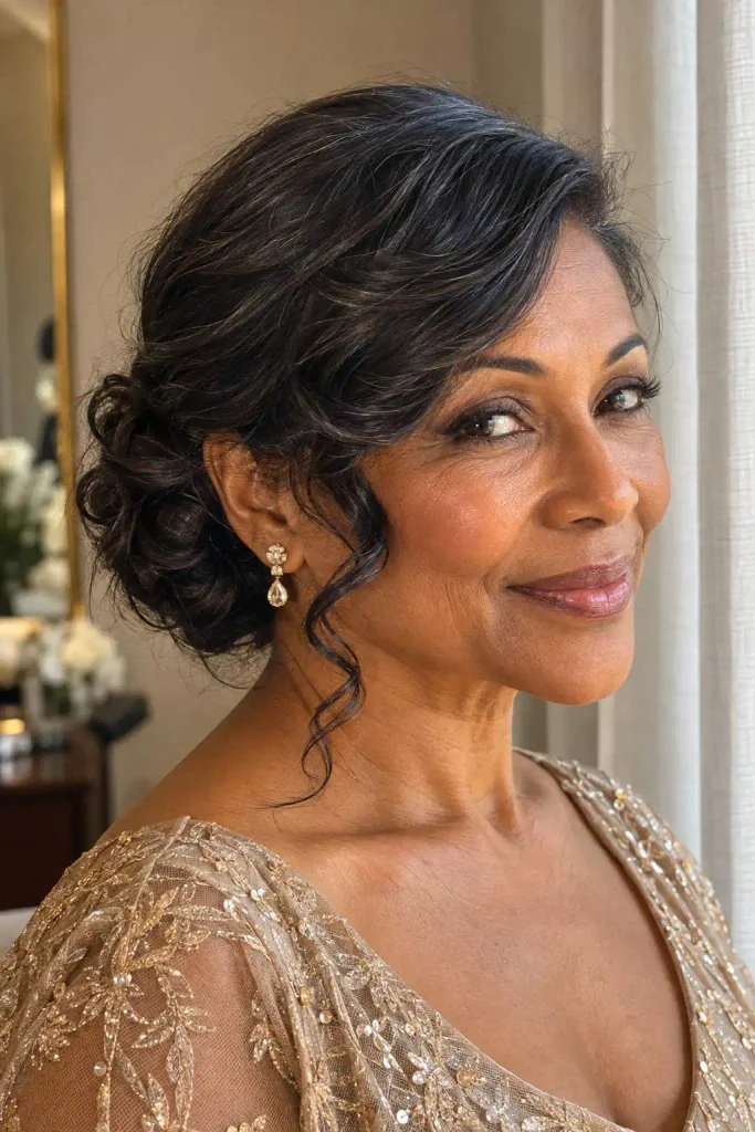 Side Swept Curls Into Low Updo