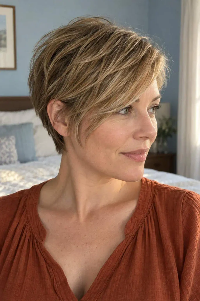 Side-swept bangs with tapered nape